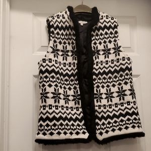 Talbots Nordic outerwear vest faux fur trim black and white small
